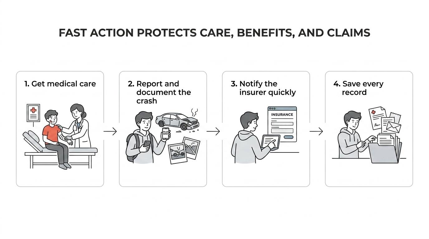 Timeline showing what an MSU student should do after a drunk-driver crash: get medical care, collect the report and evidence, open the PIP claim, track records, and evaluate a lawsuit against the driver.
