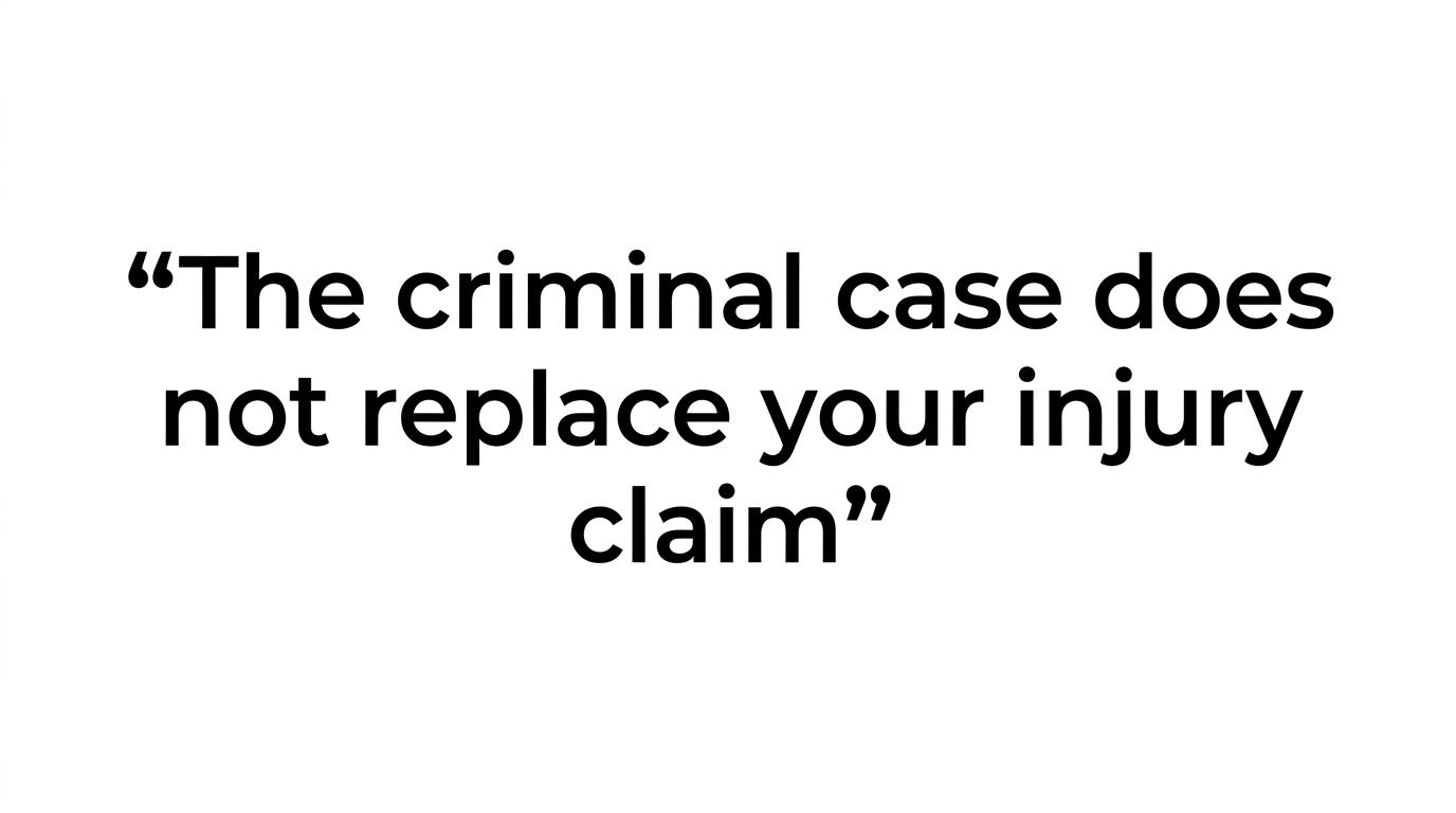Pull quote with the line: The prosecutor focuses on the crime. Your injury case focuses on your losses.