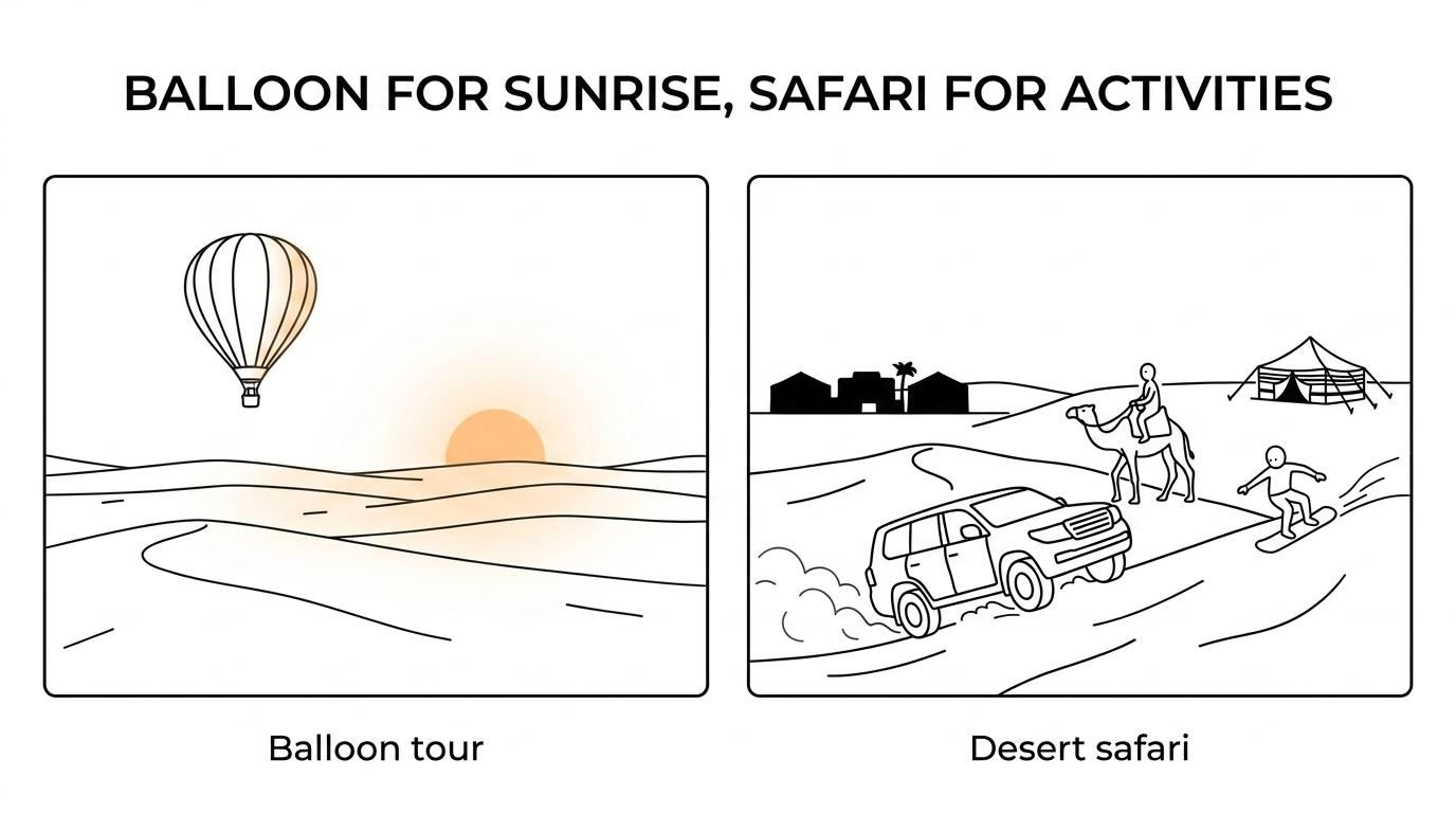 Side-by-side comparison of a sunrise hot air balloon ride over the Dubai desert and a 4x4 desert safari with ground activities.