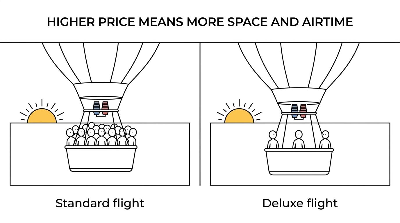 Side-by-side comparison of standard and deluxe Cappadocia balloon rides showing price range, airtime, basket crowding, and who each option suits.