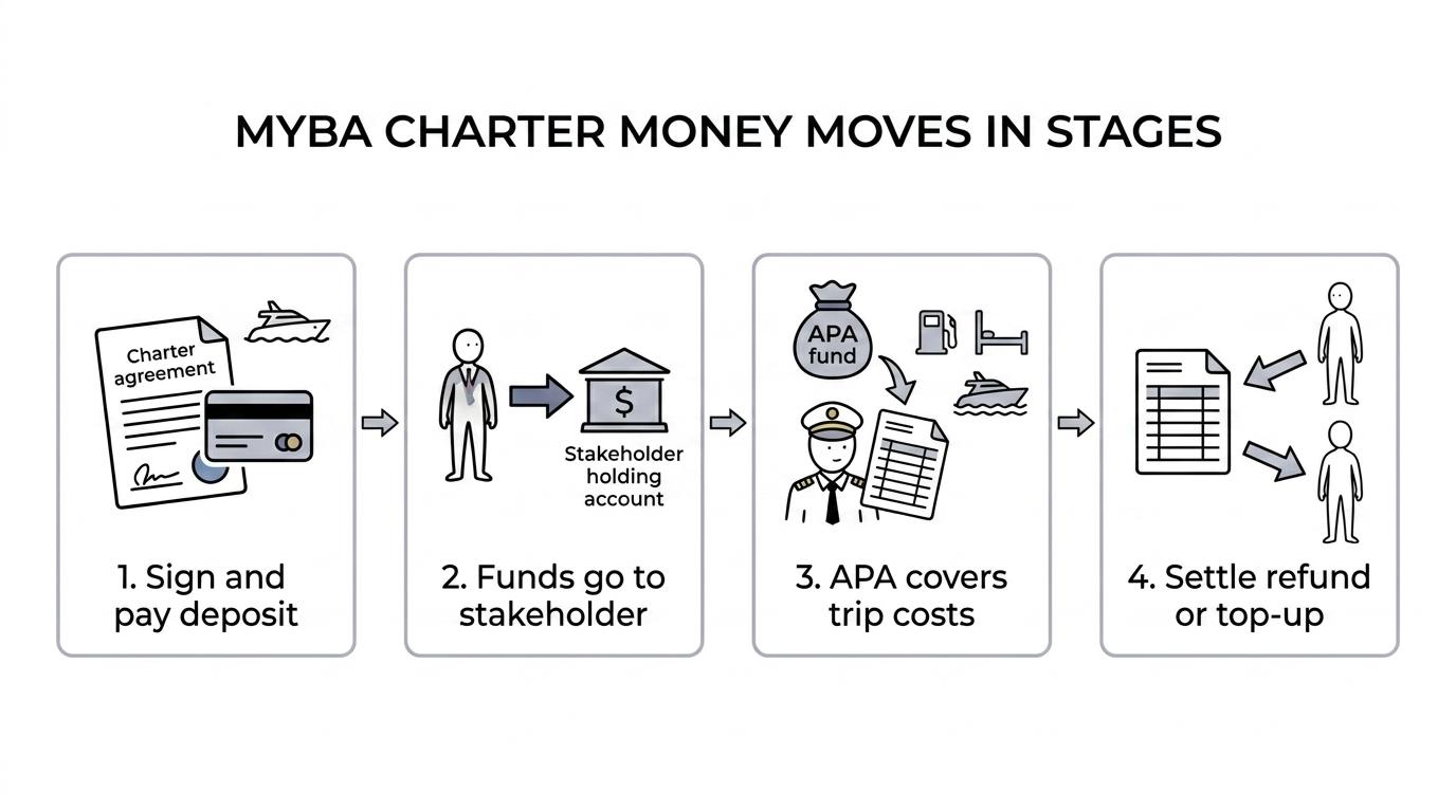 Flow diagram showing MYBA charter payments from signing and deposit through stakeholder transfer, APA spending, final accounting, and deposit release.