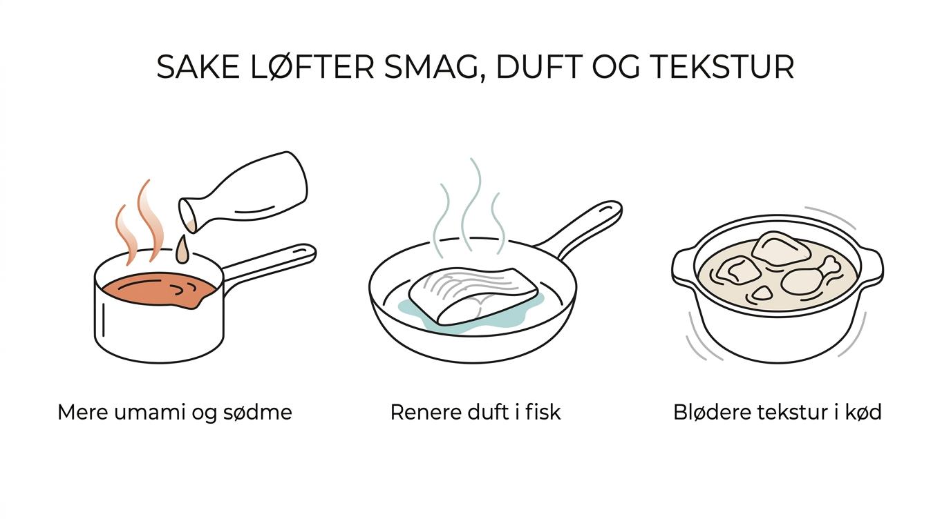 Illustration af sake til madlavning med fem markerede effekter: mere umami, mild sødme, renere fiskeduft, blødere tekstur og rundere saucer.