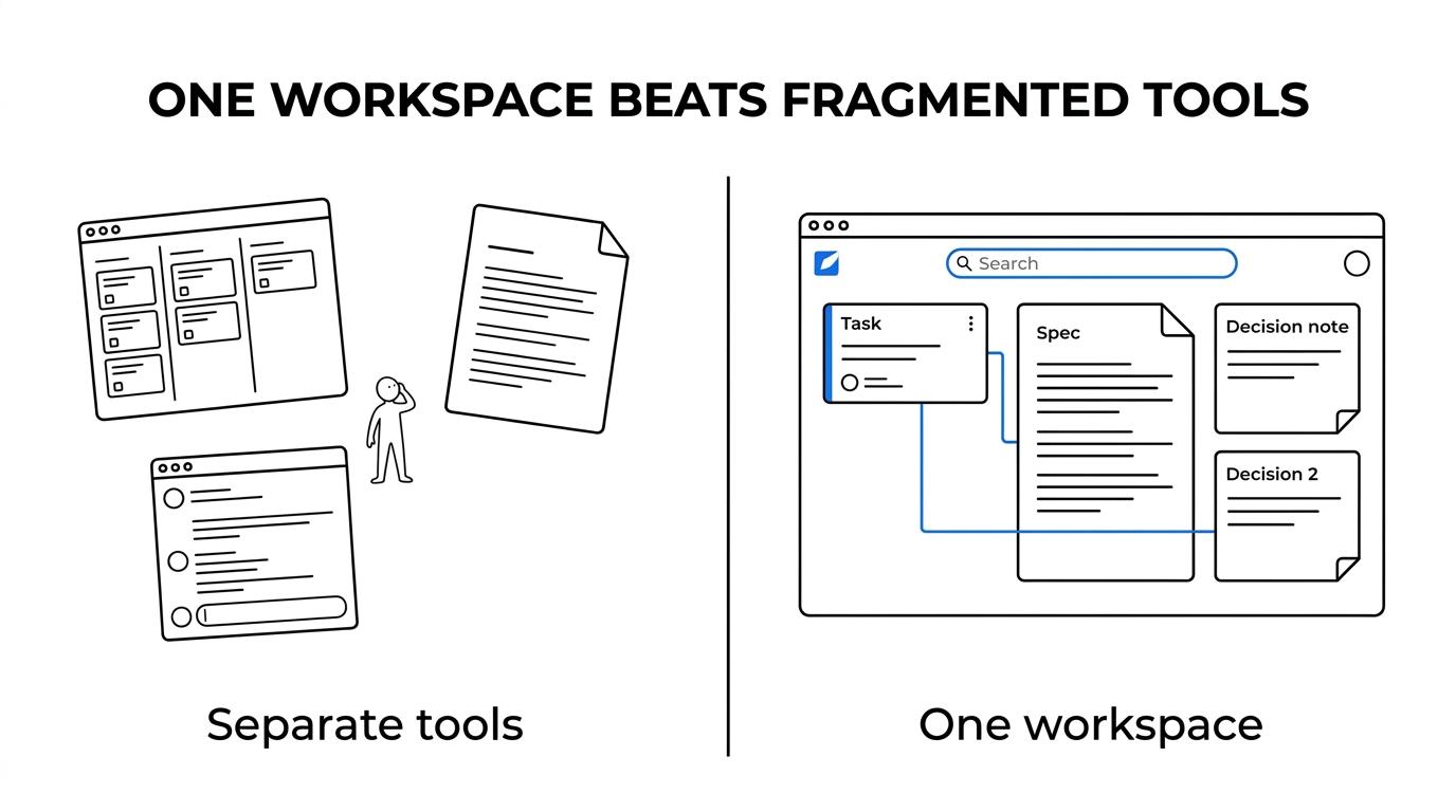 Side-by-side comparison of a fragmented Jira, docs, and chat workflow versus a unified workspace linking roadmap, issues, specs, decisions, and search.