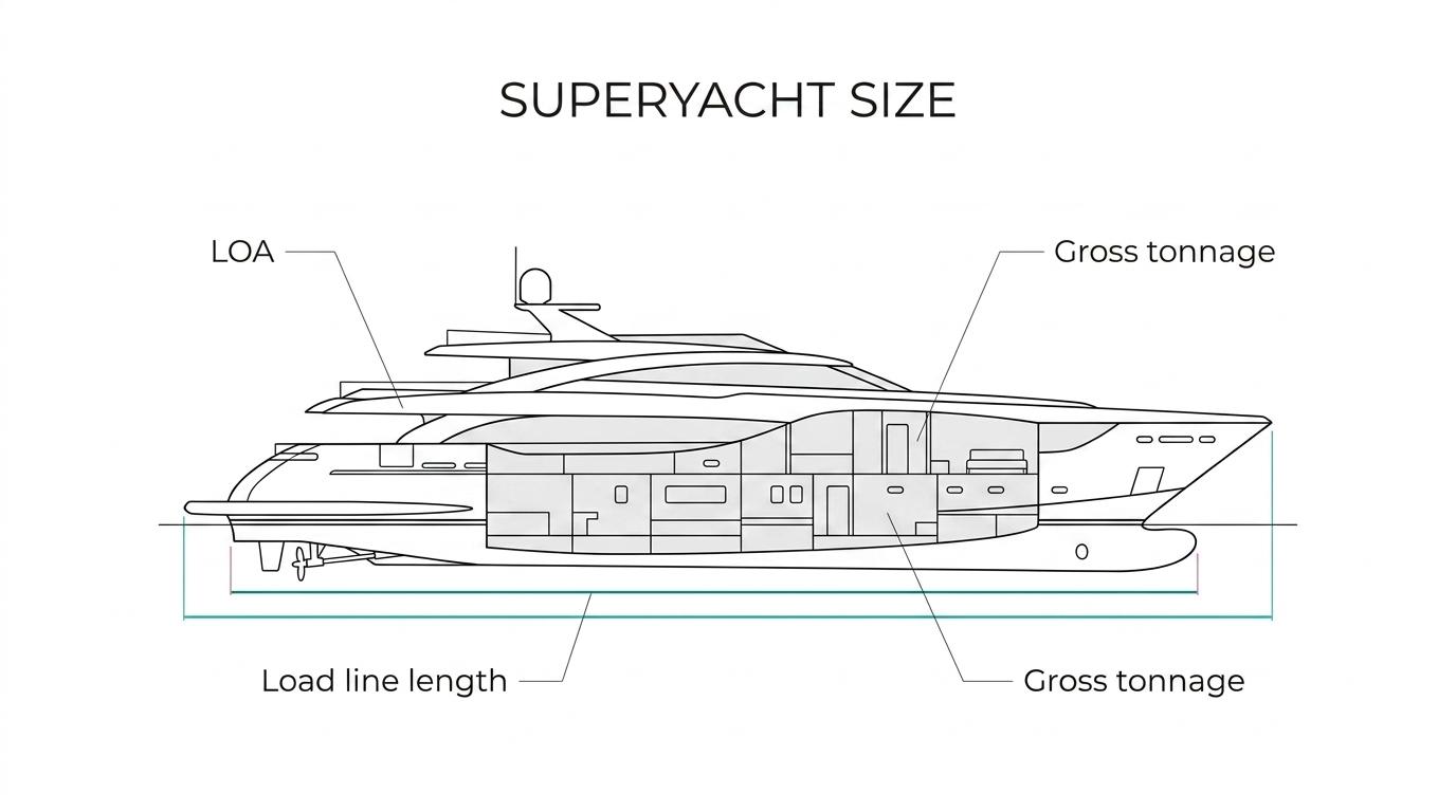 Side view of a yacht labeled to show LOA, load line length, and gross tonnage as internal volume.