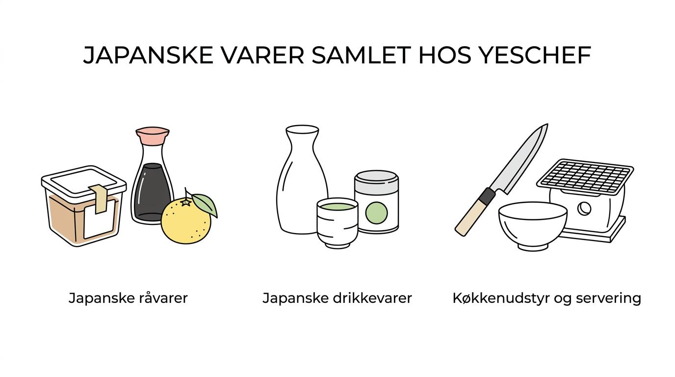 Illustration showing Yeschef’s main categories: Japanese ingredients, drinks, and kitchen and serving equipment.
