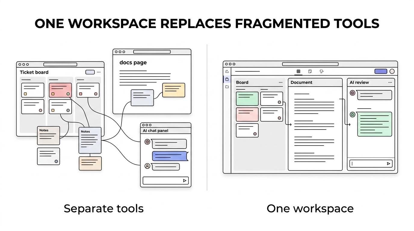 Side-by-side comparison of a fragmented product stack with separate tickets, docs, and AI tools versus a unified TOW workspace connecting projects, documentation, memory, and reviewable AI.
