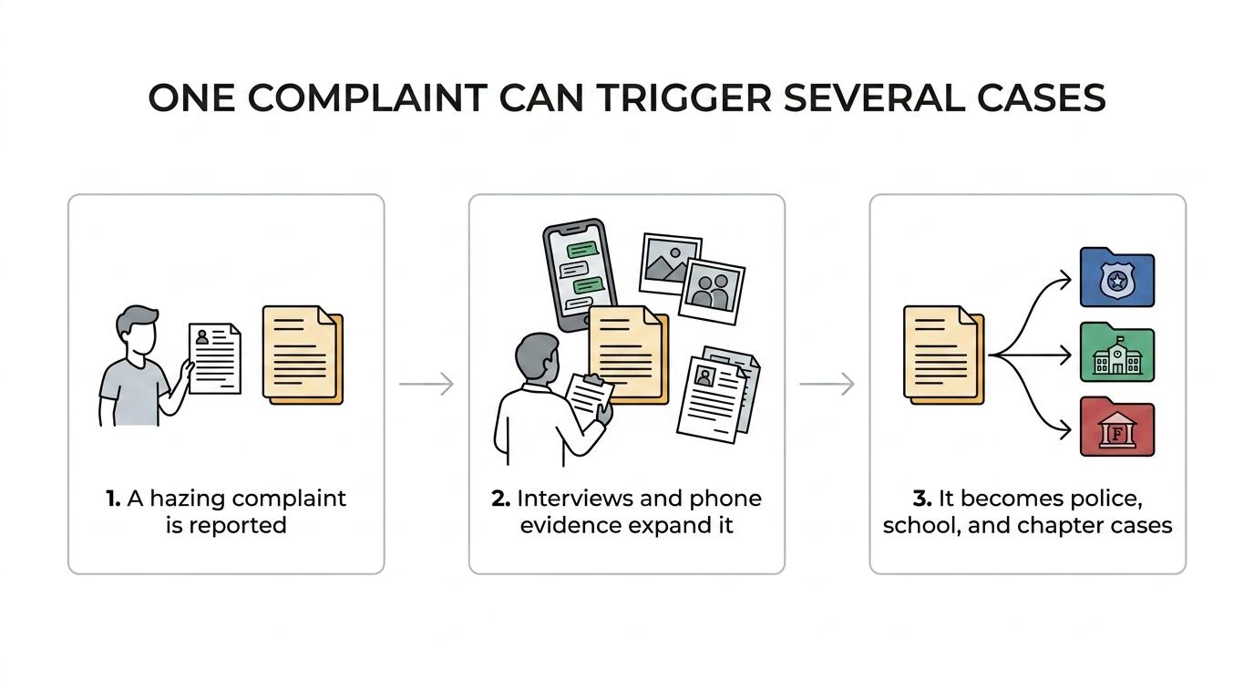 Flowchart showing an MSU hazing complaint leading to police contact, evidence review, university conduct action, chapter discipline, and possible criminal charges.