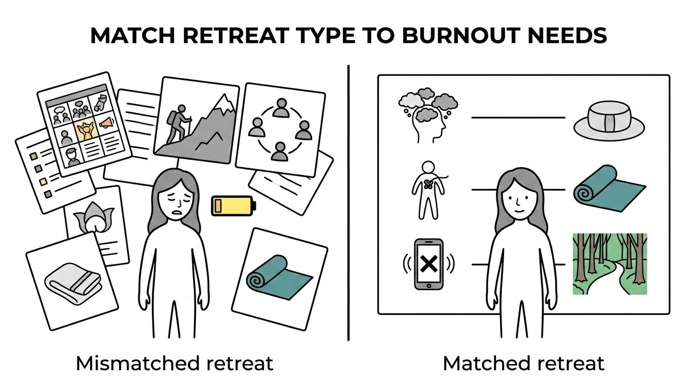 Side-by-side comparison of six burnout retreat types showing who each is best for, common elements, and cautions.