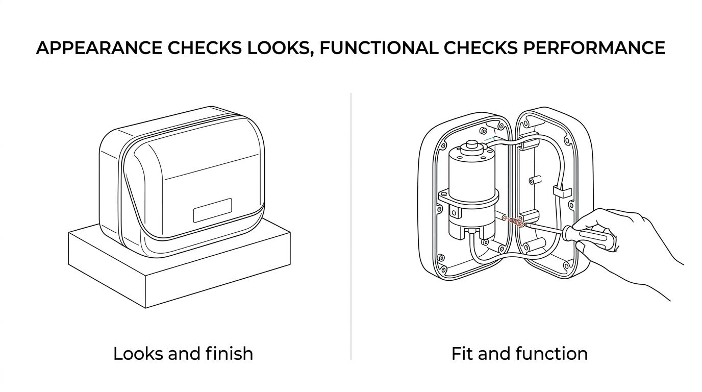 Side-by-side comparison of an appearance prototype and a functional prototype showing their different review priorities.