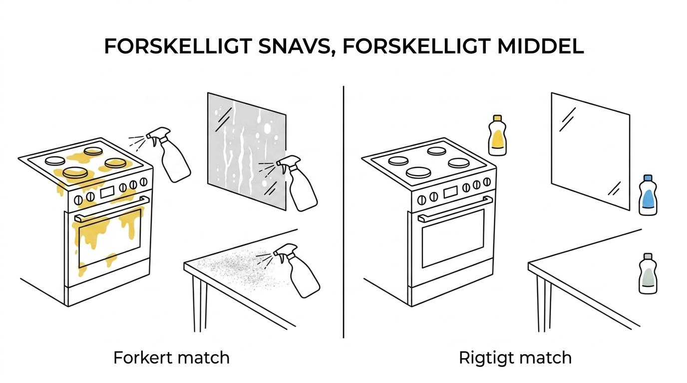 Sammenligning af fedtet køkkensnavs, sæberester, kalk og let støv med den bedst egnede type rengøringsmiddel.