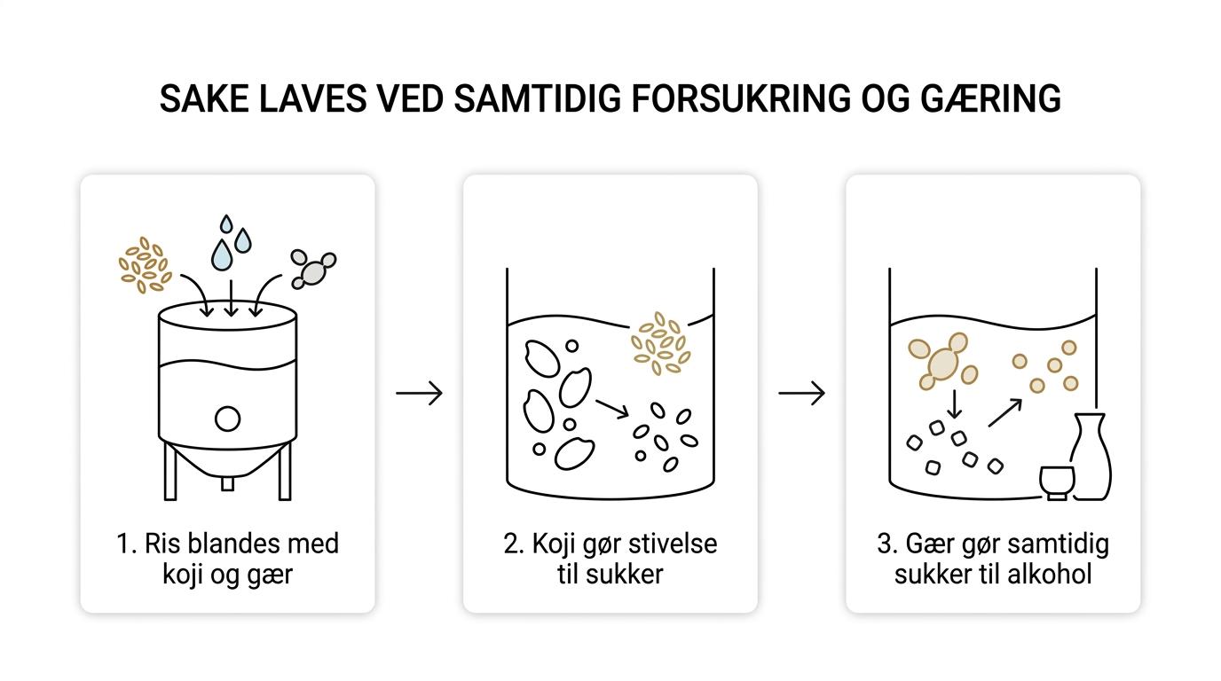 Trinvis fremstilling af sake fra polerede ris og koji til samtidig fermentering og færdig sake.