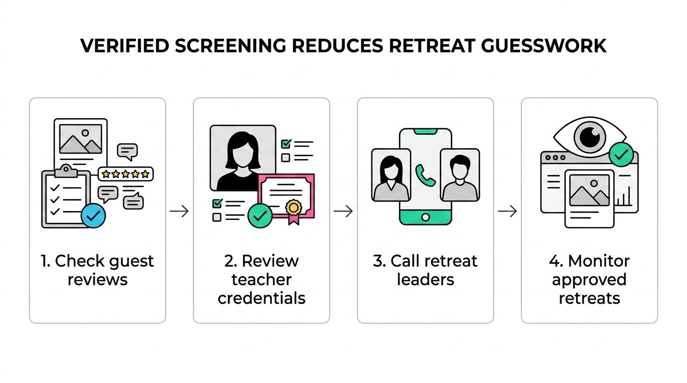 A simple process graphic showing Bali retreat vetting steps: reviews checked, credentials reviewed, leader interview, approval, and ongoing monitoring.
