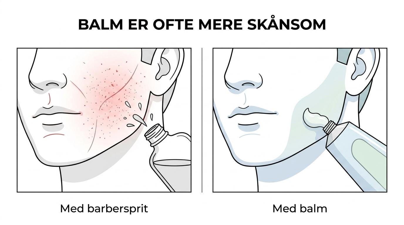 Sammenligning af alkoholbaseret barbersprit og balm på nybarberet hud med forskelle i svie, fugt og hudro.