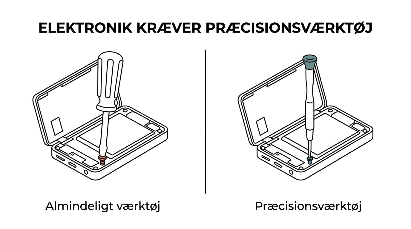 Side-by-side of a bulky household screwdriver on a tiny device screw and a precision screwdriver set used on small electronics.