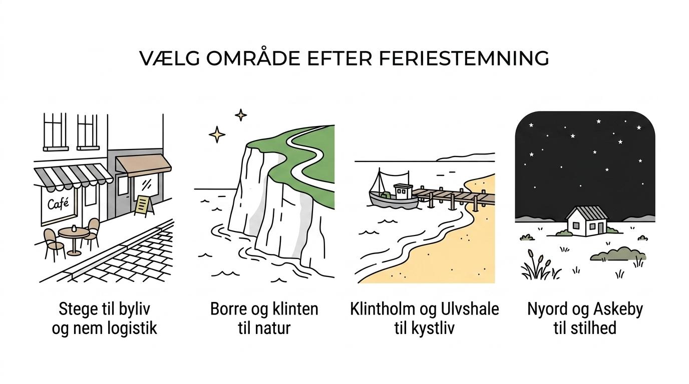 Visuel oversigt over seks områder på Møn med korte beskrivelser af, hvem de passer bedst til.