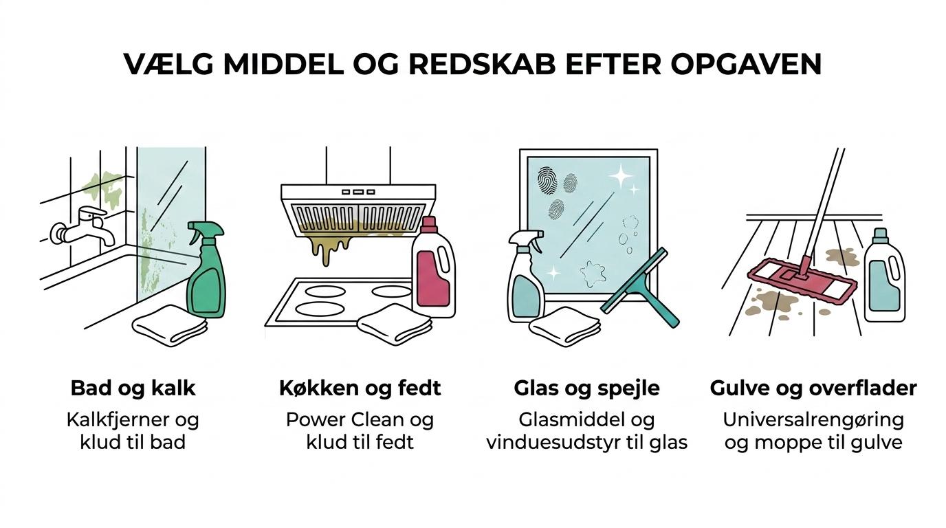 Illustration af fire rengøringsområder i hjemmet—bad, køkken, glas og gulve—med matchende rengøringsmidler og redskaber fra Skumtøsen.