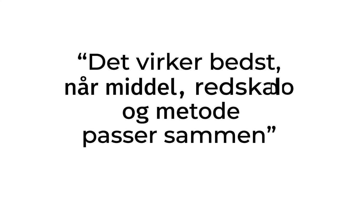 Quote visual med budskabet om, at rengøringsmiddel, redskab og metode virker bedst, når de matches korrekt.