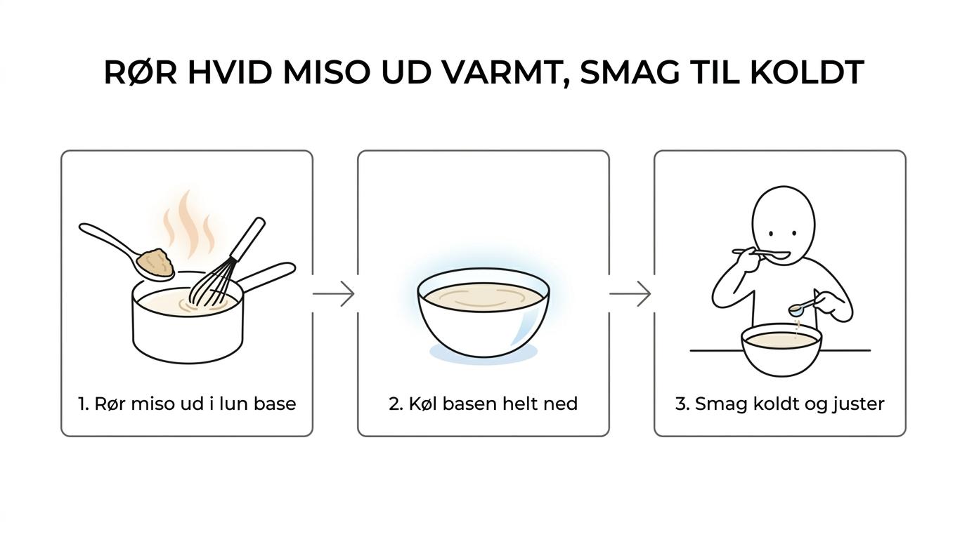 Trinvis visning af hvid miso rørt ud i lun isbase, basen kølet ned, smagt til og gjort klar til frysning.