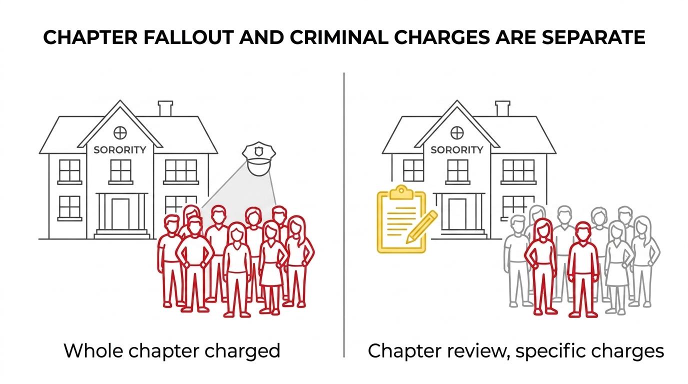 Side-by-side comparison showing how one MSU sorority event can lead to chapter or university issues on one side and separate individual criminal exposure on the other.