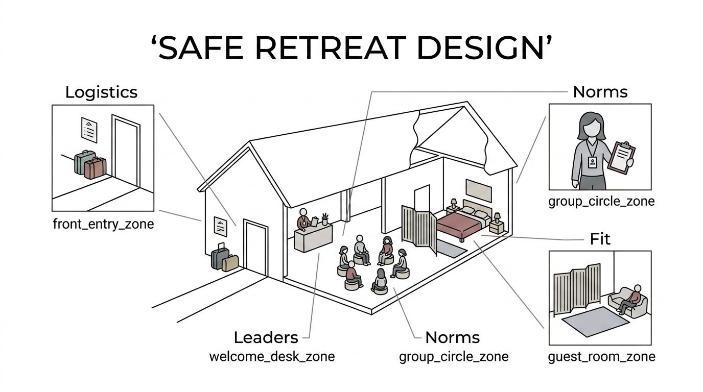 Labeled breakdown of a safe women-only retreat showing physical safety, social safety, operational safety, and emotional fit.