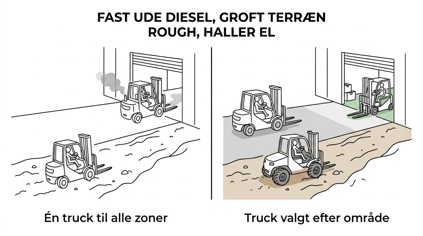 Sammenligning af standard dieseltruck, el-gaffeltruck og rough terrain gaffeltruck med deres bedste anvendelser udendørs.