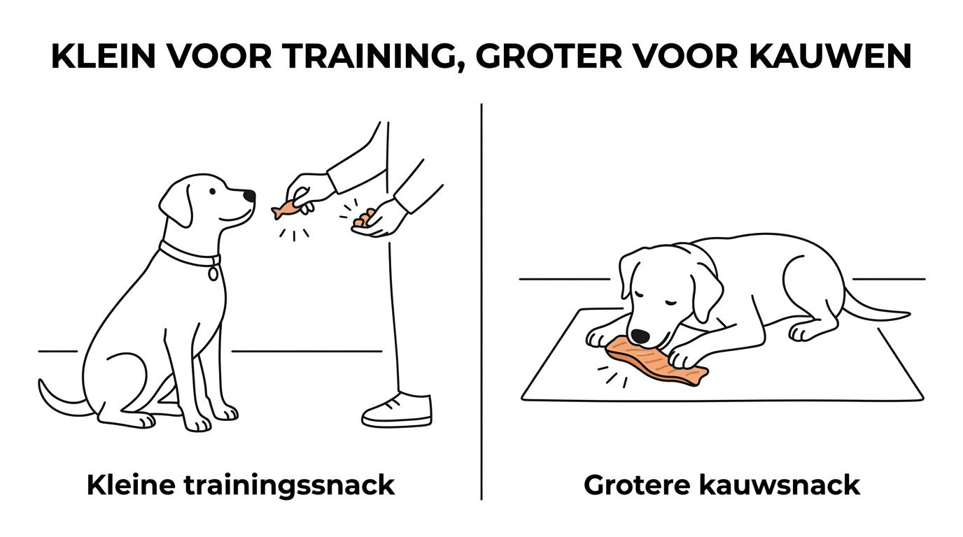 Vergelijking van kleine vistraktaties voor training naast grotere visstrips, filets en huiden voor langere kauwmomenten.