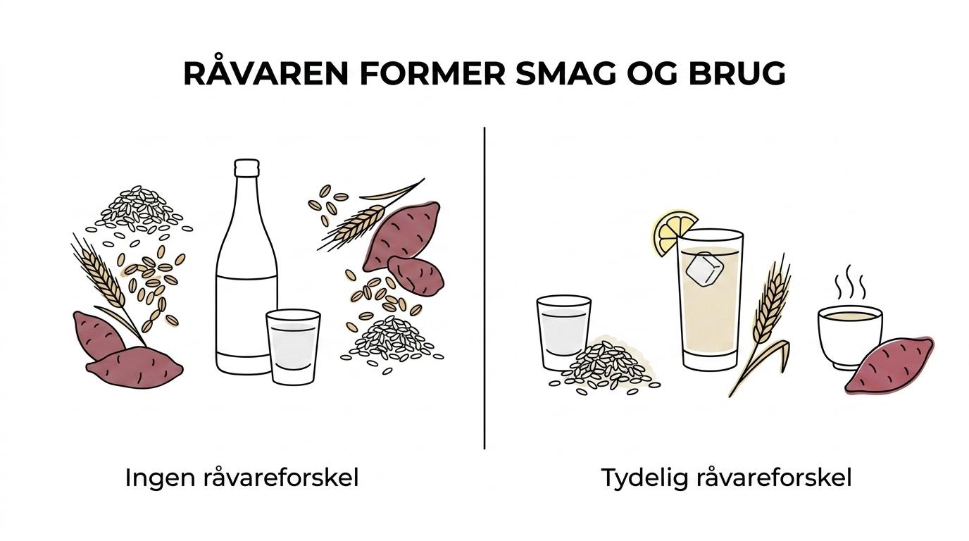 Sammenligning af japansk shochu lavet på ris, byg, sød kartoffel, sukkerroer og yuzu med deres typiske smagsprofiler og serveringsbrug.