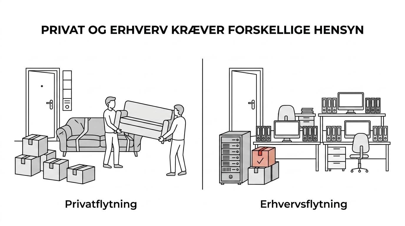 Side-by-side visning af en privatflytning med flyttekasser og m&oslash;bler og en erhvervsflytning med kontorm&oslash;bler, udstyr og fokus p&aring; drift.