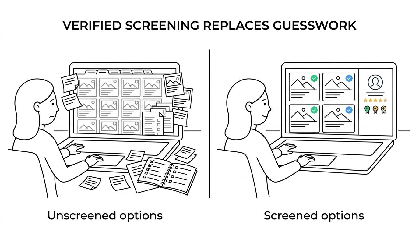 Side-by-side comparison of a generic retreat directory with many unvetted options versus Verified Retreats showing screened women-only yoga retreat listings.