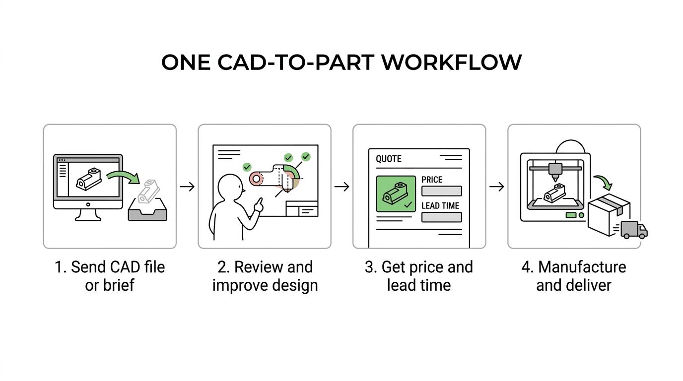 A four-step workflow showing CAD file input, manufacturability review, quoting and a finished 3D printed part being delivered.