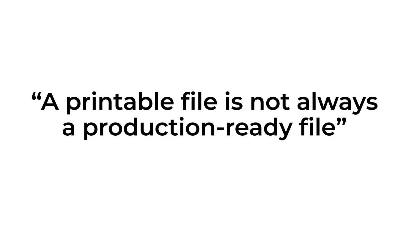 A quote card displaying the line: A printable file is not always a production-ready file.