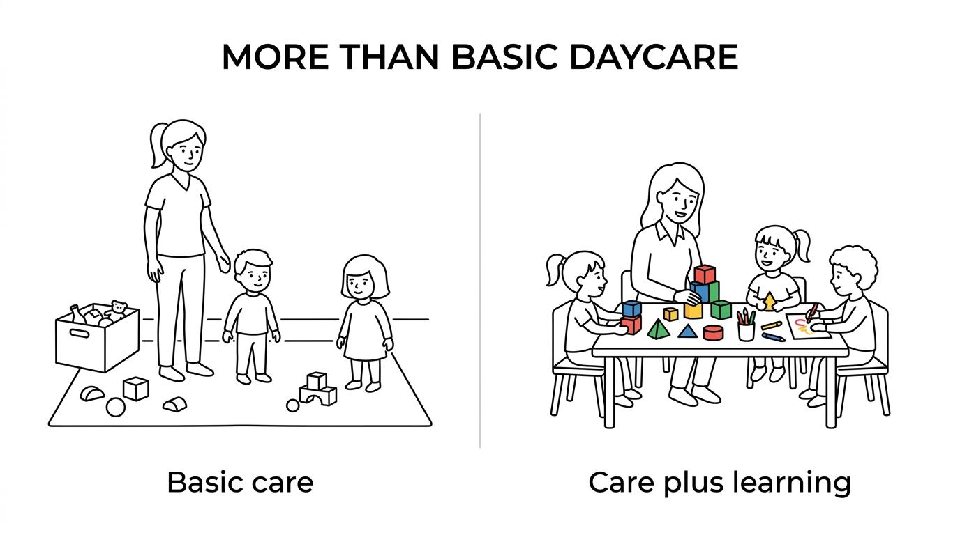 Side-by-side comparison showing basic daycare on one side and a boutique private preschool on the other, with differences in learning focus, teacher involvement, routines, communication, and kindergarten readiness.