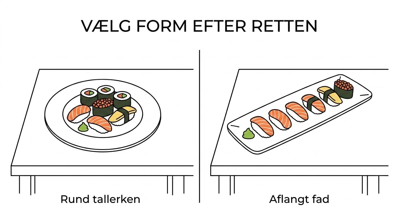 Samme sushi serveret side om side på et aflangt japansk fad og en rund middagstallerken.