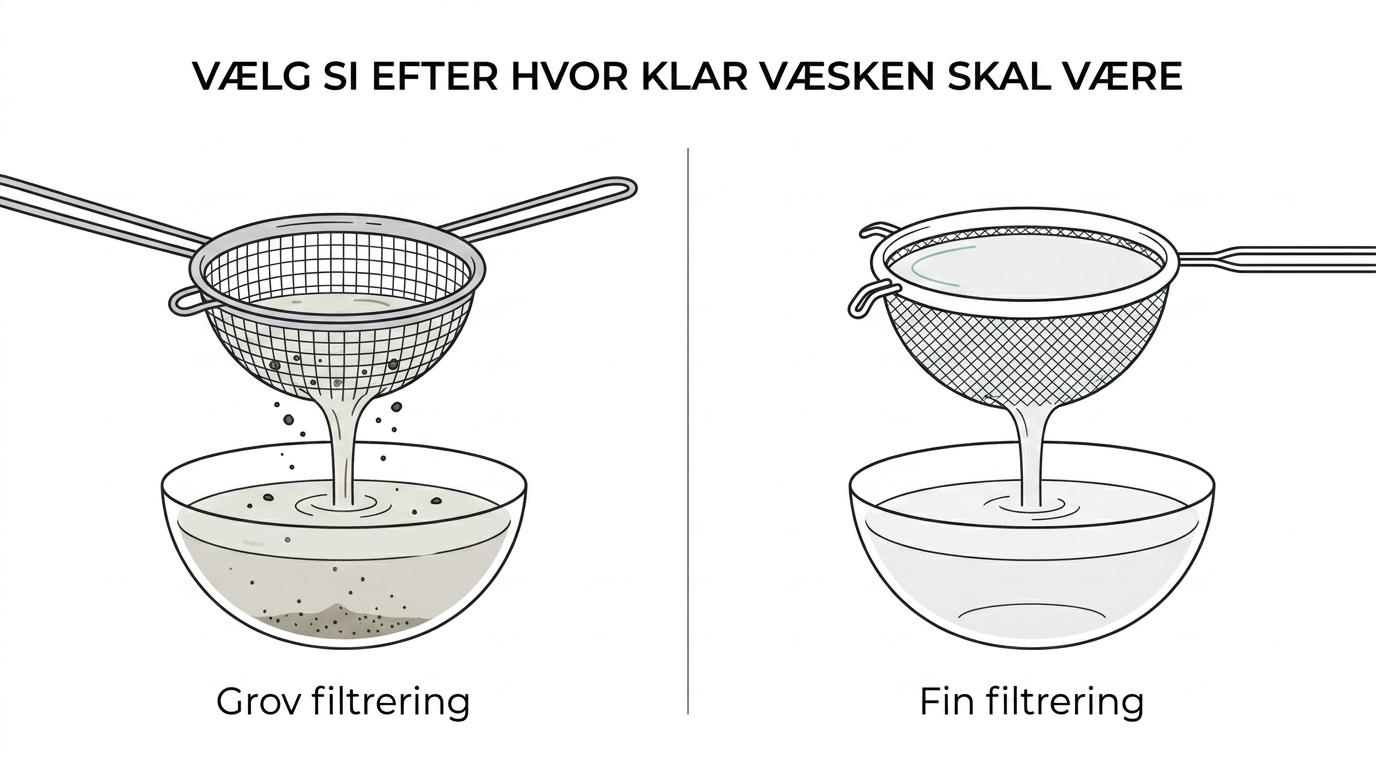 Sammenligning af grov metalsi, fin suppesi og filterpose med deres bedste brug og hvor ren væsken bliver.