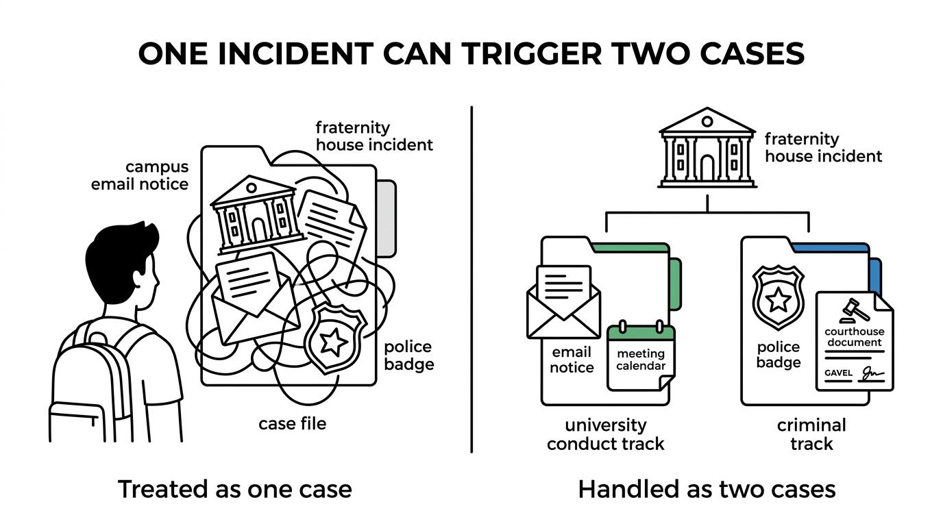 Side-by-side comparison of the MSU student conduct process and the criminal or police process after a fraternity or sorority incident.