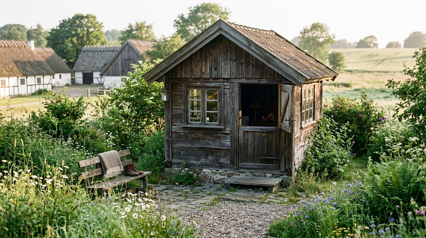Traditional farmhouse setting on Møn at dusk with a quiet courtyard, surrounding greenery, warm interior light, and a clear starry sky overhead.