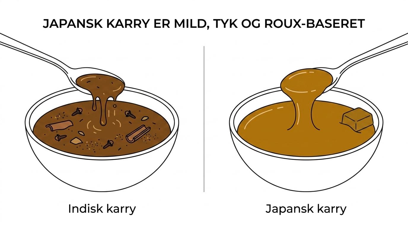 To curries side by side: Japanese curry served with rice, potatoes and carrots in a thick glossy sauce, next to a more spice-forward Indian curry with a thinner texture.