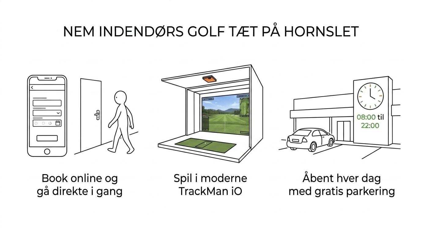 Visuel oversigt over Hadsten Indoor Golfs nøglefordele: TrackMan iO, fire ens simulatorer, åbent 08:00–22:00, plads til fire personer og fast pris.