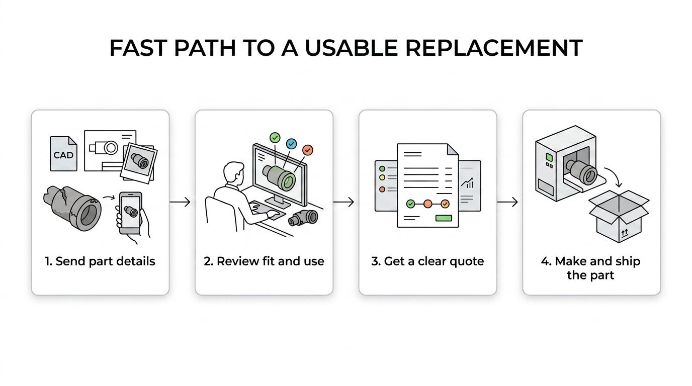 A step-by-step mining parts workflow showing a damaged sample part moving through assessment, scanning or CAD, manufacturing, and shipment as a finished replacement.