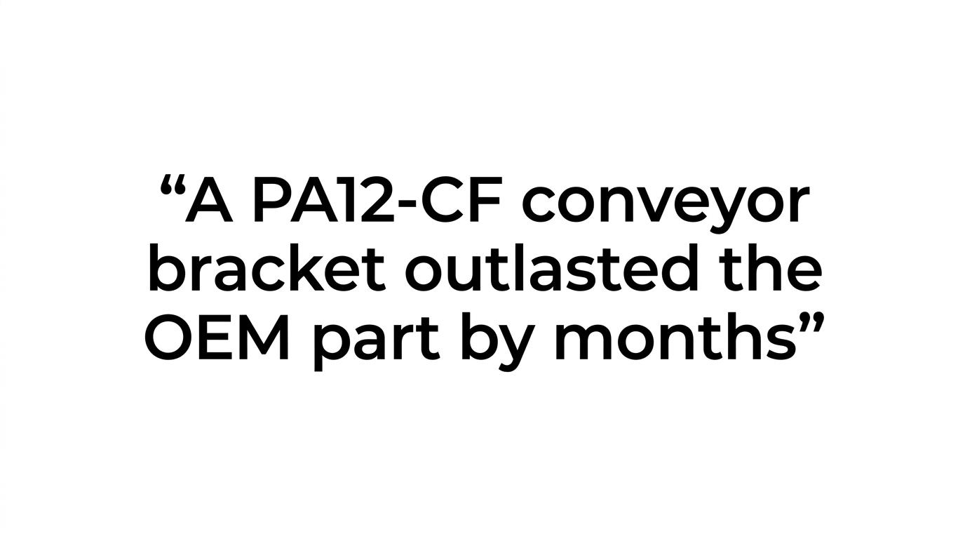 Highlighted quote stating that a PA12-CF conveyor bracket outlasted the OEM part by months and helped save thousands in downtime.