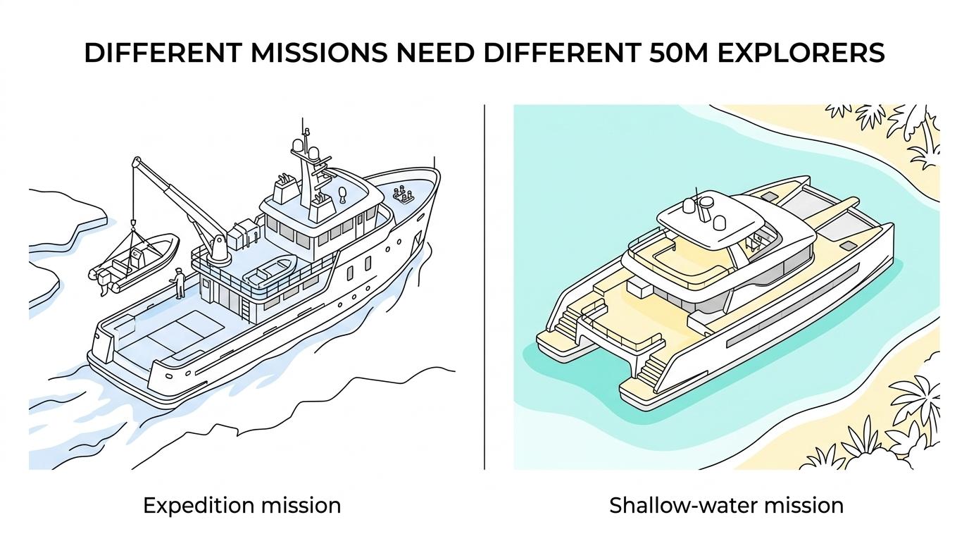 Side-by-side comparison of five under-50m explorer yachts showing their key strengths and ideal owner profiles.