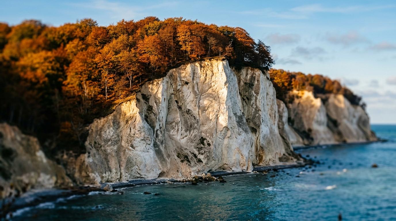 Møns Klint i efteråret med hvide kridtklinter, gylden skov og hav under lavt lys.