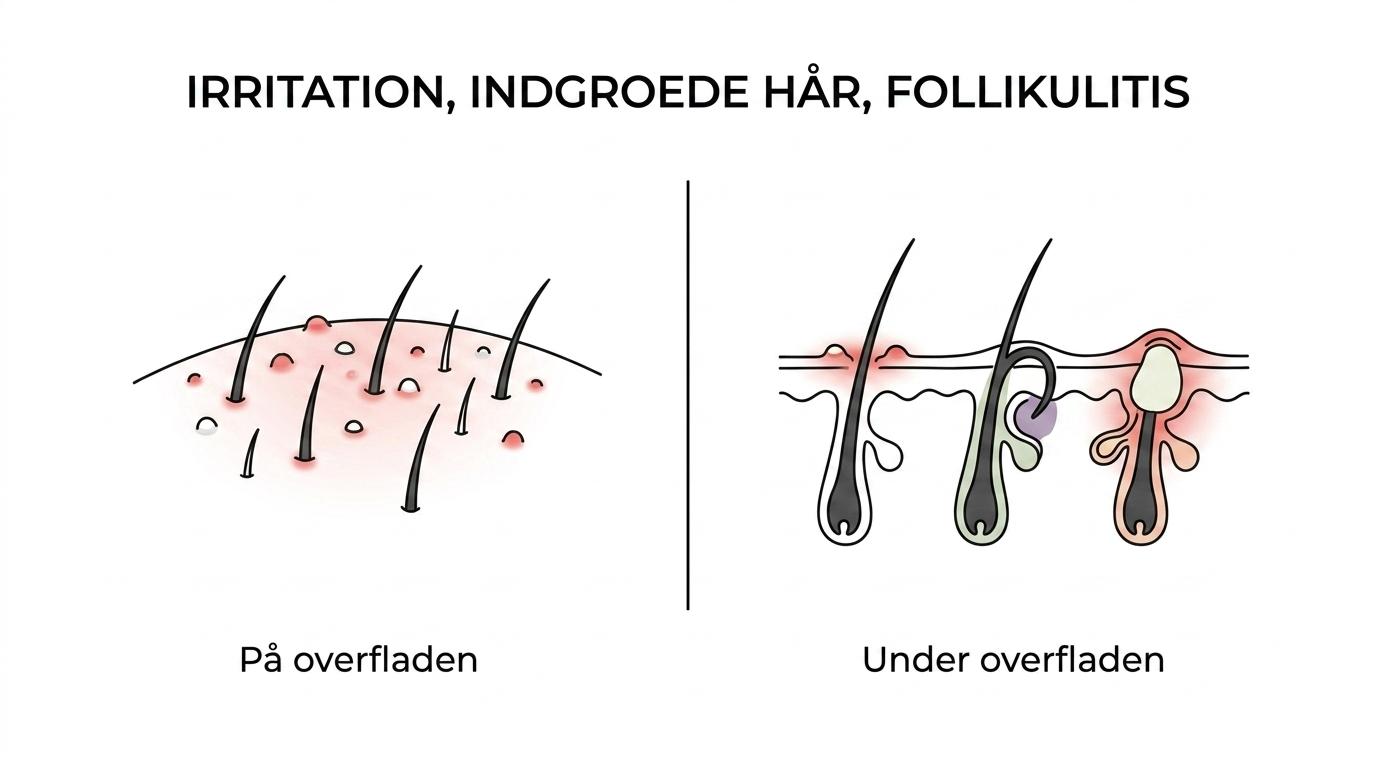 Sammenligning af barberingsirritation, indgroede hår og follikulitis som små knopper omkring hårsække efter barbering.