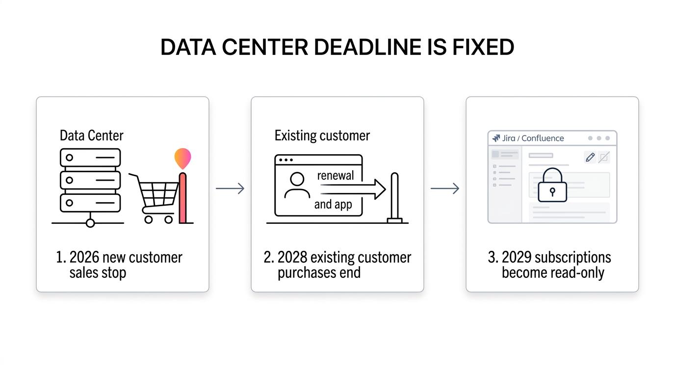 Timeline showing Atlassian Data Center milestones in 2026, 2028, and 2029 leading to read-only access.