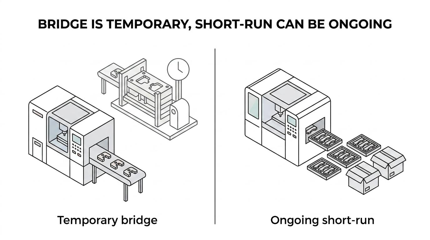 Side-by-side comparison of bridge manufacturing and short-run manufacturing across purpose, duration, tooling, design change, and demand profile.