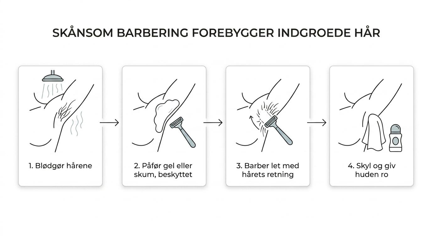 Trinvis illustration af en skånsom barberingsrutine til armhulen for at forebygge indgroede hår.