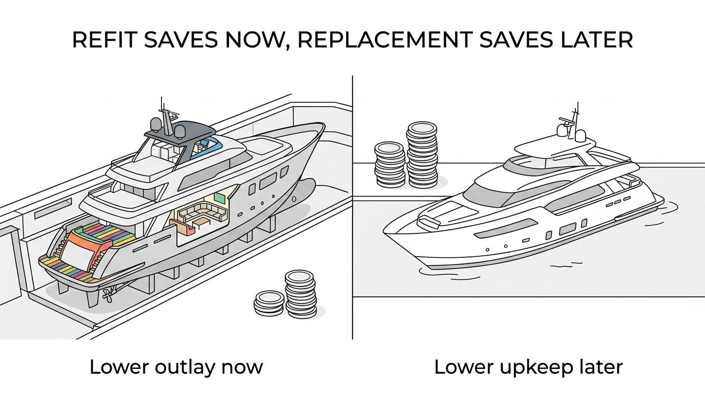 Side-by-side comparison of yacht refit versus yacht replacement across upfront cost, lead time, design freedom, technical certainty and operating costs.