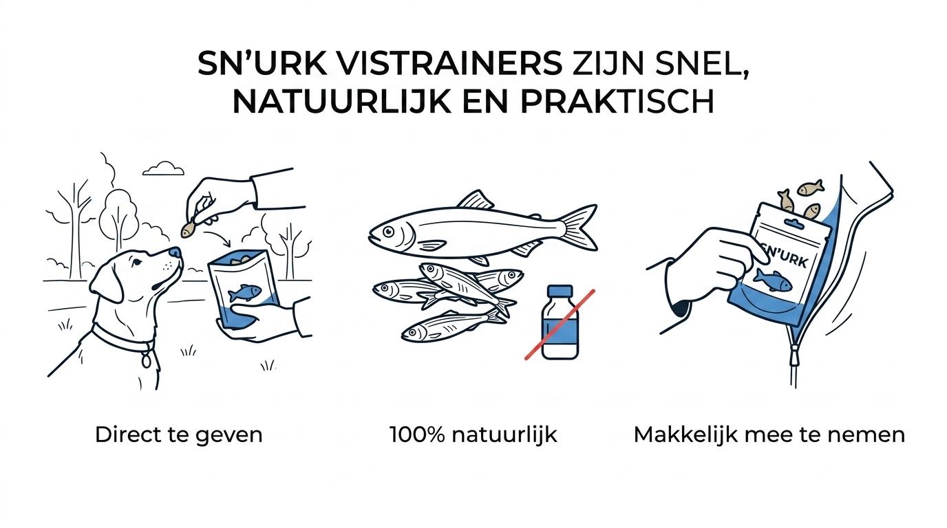 Overview of Sn’urk fish trainer benefits for dogs, including quick rewards, natural fish ingredients, Dutch sourcing, and easy home delivery.