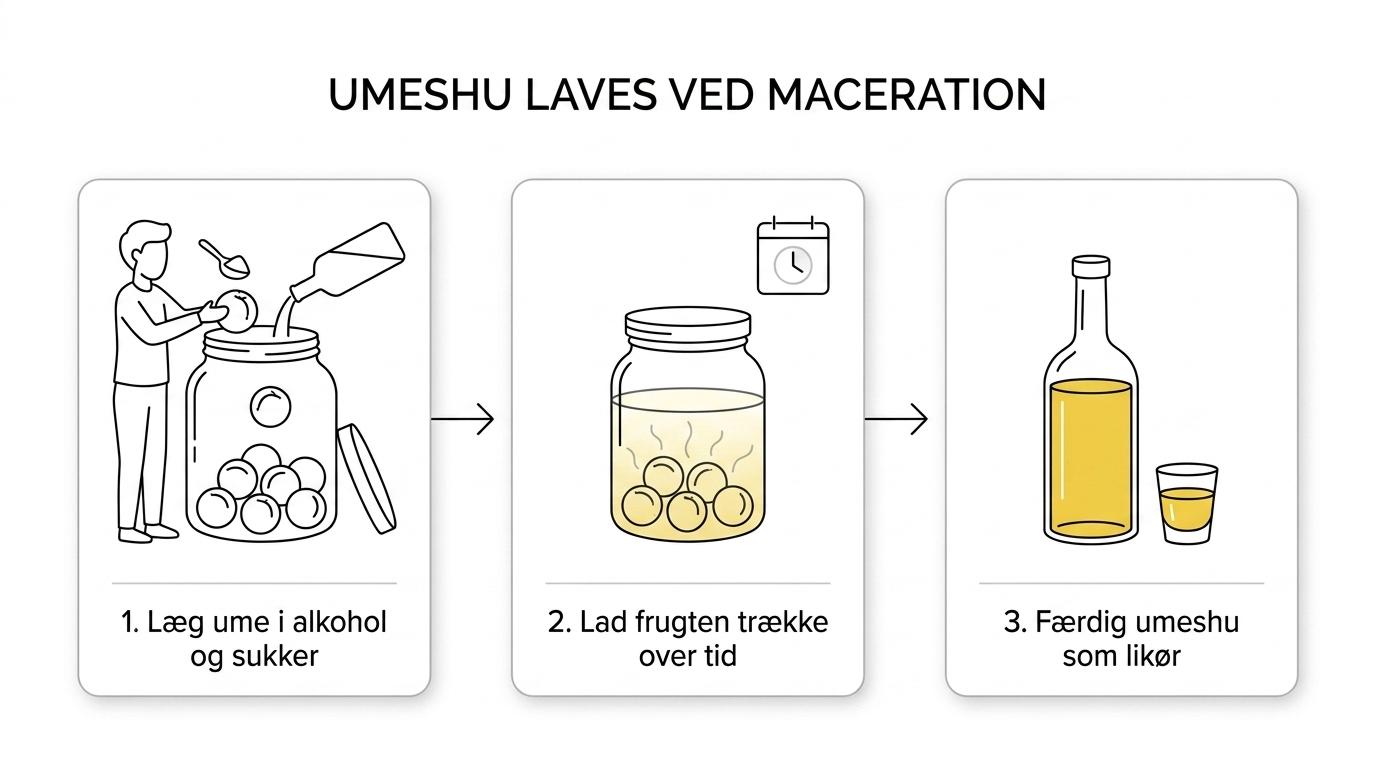 Trinvis fremstilling af umeshu med ume-frugter, alkohol, sukker, lagring og færdig gylden likør.