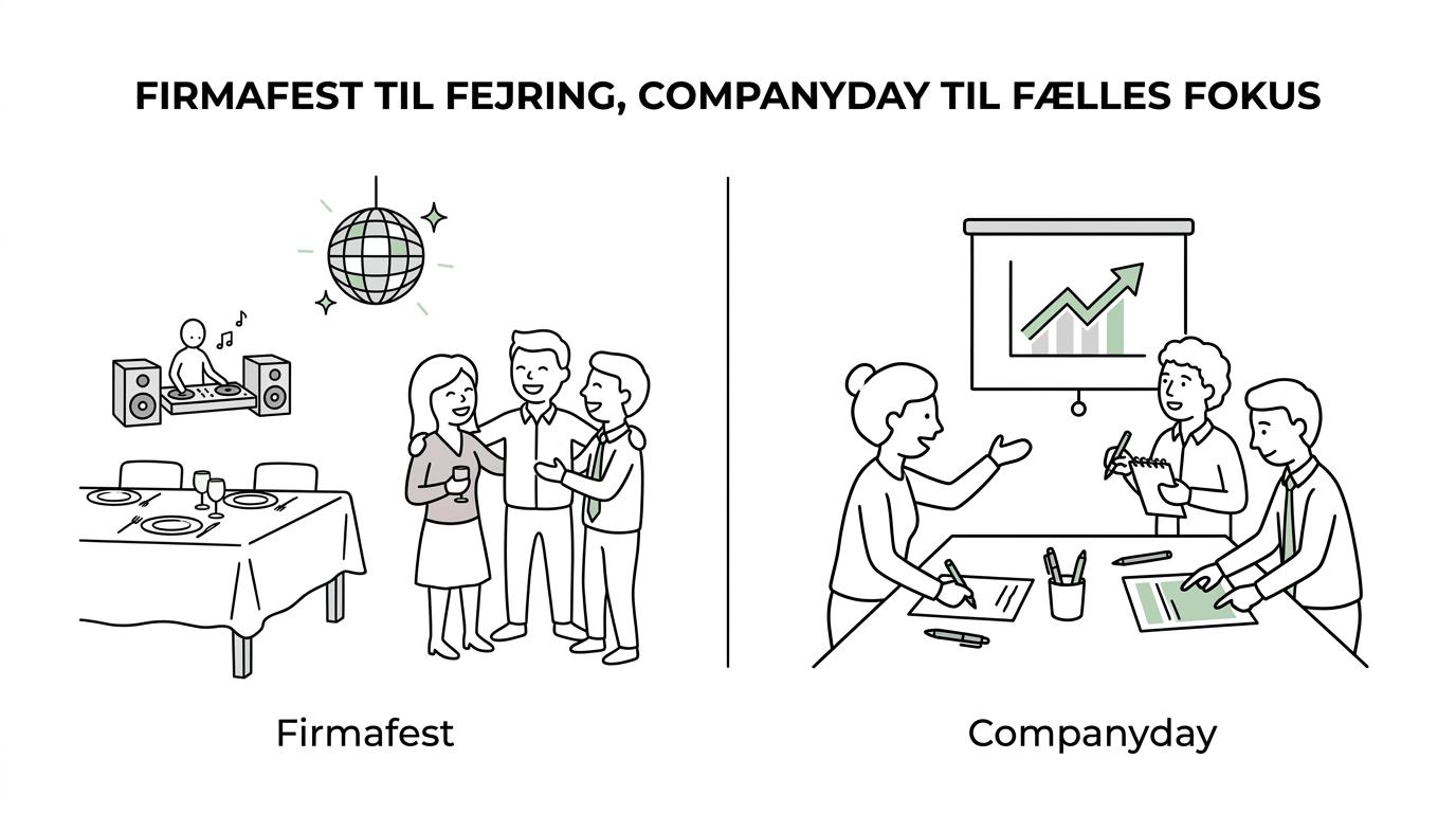 Sammenligning af firmafest, Companyday og hybridformat med formål, typisk indhold og hvornår hvert format passer bedst.